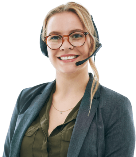 Smiling receptionist wearing headphones